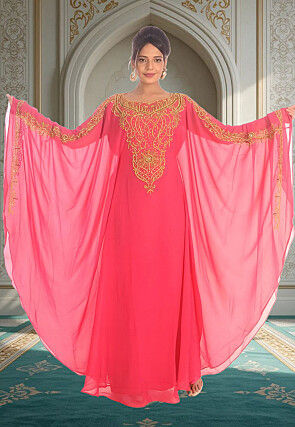 Hand Embroidered Georgette Moroccan Kaftan in Pink