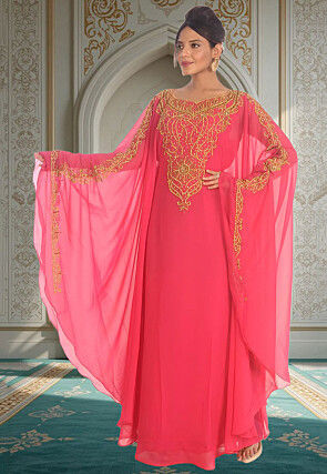 Hand Embroidered Georgette Moroccan Kaftan in Pink