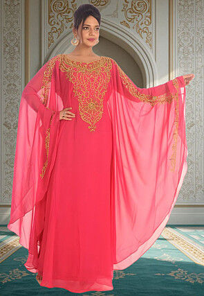 Hand Embroidered Georgette Moroccan Kaftan in Pink