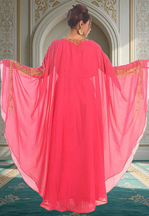 Hand Embroidered Georgette Moroccan Kaftan in Pink