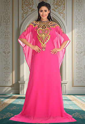 Hand Embroidered Georgette Moroccan Kaftan in Pink