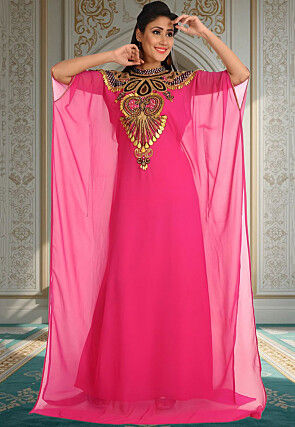 Hand Embroidered Georgette Moroccan Kaftan in Pink