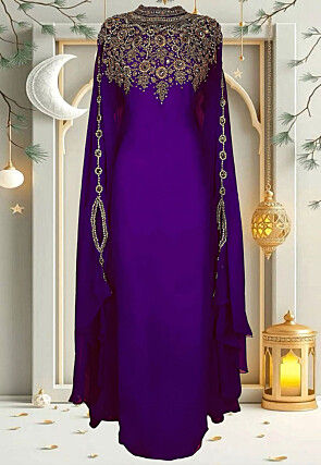 Hand Embroidered Georgette Moroccan Kaftan in Purple