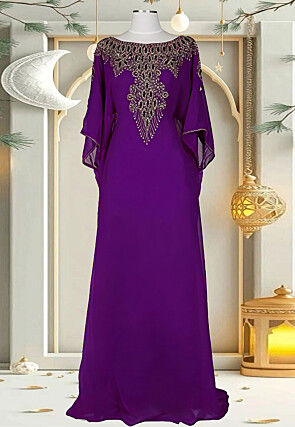 Hand Embroidered Georgette Moroccan Kaftan in Purple