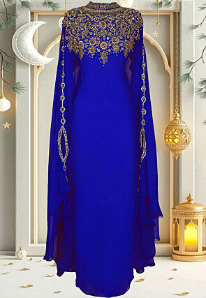 Hand Embroidered Georgette Moroccan Kaftan in Royal Blue