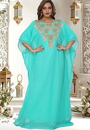 Hand Embroidered Georgette Moroccan Kaftan in Turquoise