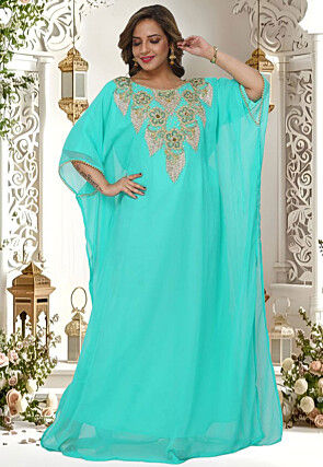 Hand Embroidered Georgette Moroccan Kaftan in Turquoise