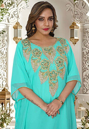 Hand Embroidered Georgette Moroccan Kaftan in Turquoise