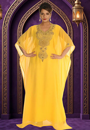 Hand Embroidered Georgette Moroccan Kaftan in Yellow