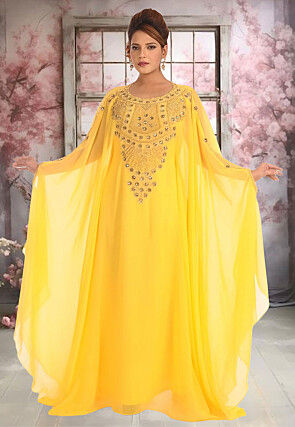 Hand Embroidered Georgette Moroccan Kaftan in Yellow