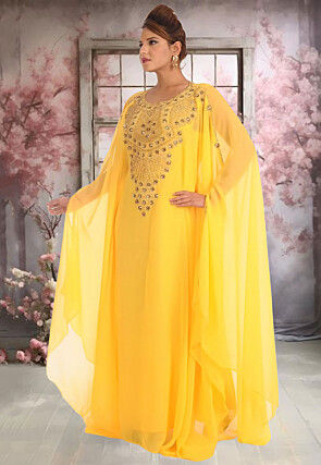 Hand Embroidered Georgette Moroccan Kaftan in Yellow