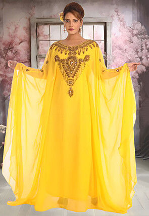 Hand Embroidered Georgette Moroccan Kaftan in Yellow