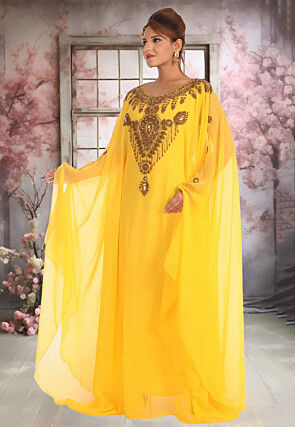 Hand Embroidered Georgette Moroccan Kaftan in Yellow