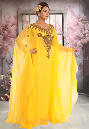 Hand Embroidered Georgette Moroccan Kaftan in Yellow