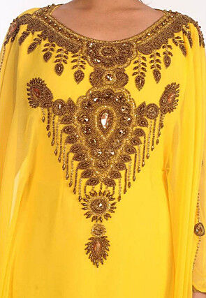 Hand Embroidered Georgette Moroccan Kaftan in Yellow