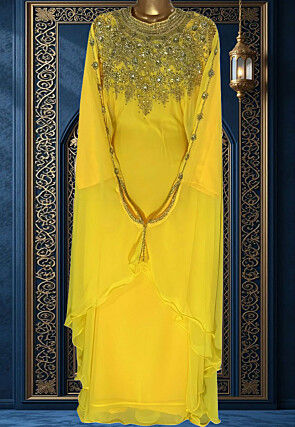 Hand Embroidered Georgette Moroccan Kaftan in Yellow
