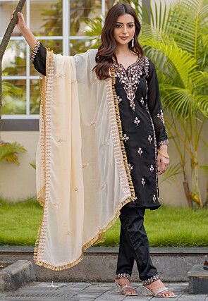 Hand Embroidered Georgette Pakistani Suit in Black
