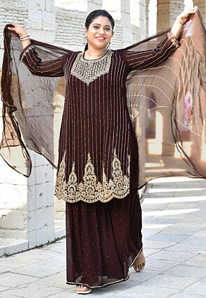 Hand Embroidered Georgette Pakistani Suit in Brown