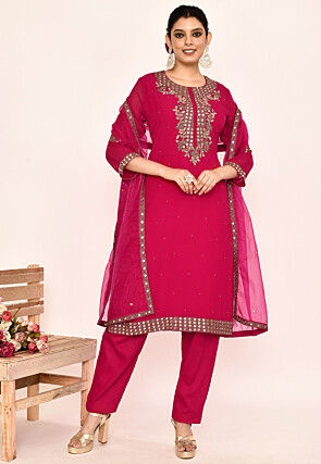 Hand Embroidered Georgette Pakistani Suit in Fuchsia