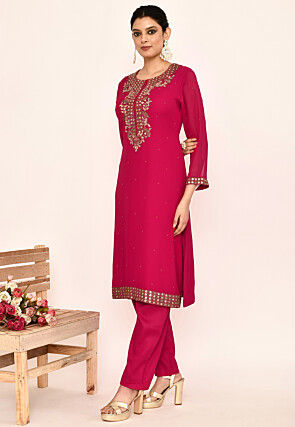 Hand Embroidered Georgette Pakistani Suit in Fuchsia
