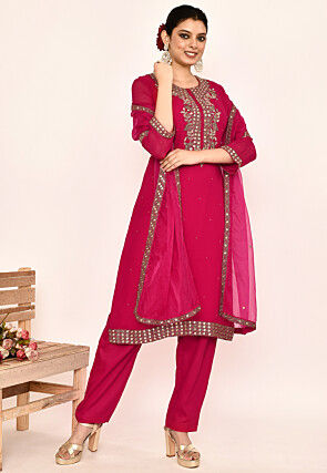 Hand Embroidered Georgette Pakistani Suit in Fuchsia