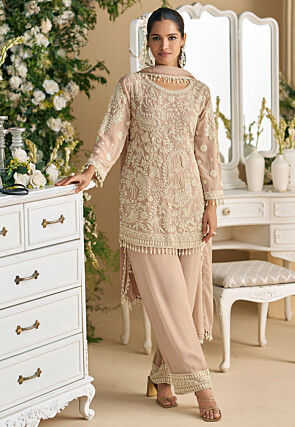 Hand Embroidered Georgette Pakistani Suit in Light Peach