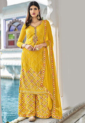 Hand Embroidered Georgette Pakistani Suit in Mustard