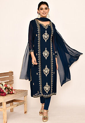 Hand Embroidered Georgette Pakistani Suit in Navy Blue