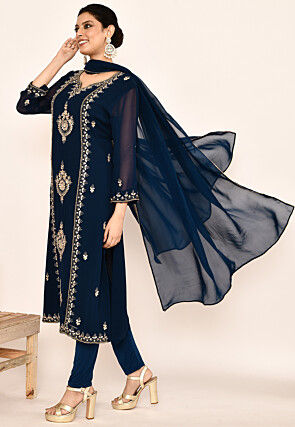 Hand Embroidered Georgette Pakistani Suit in Navy Blue