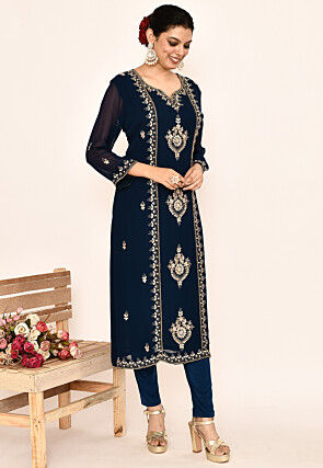 Hand Embroidered Georgette Pakistani Suit in Navy Blue