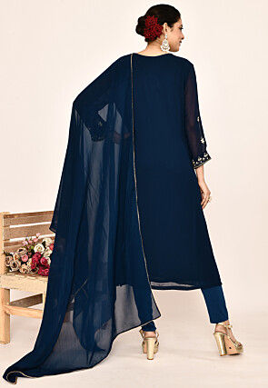 Hand Embroidered Georgette Pakistani Suit in Navy Blue