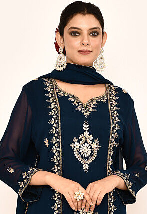 Hand Embroidered Georgette Pakistani Suit in Navy Blue