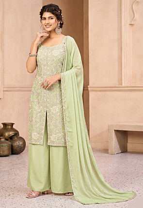 Hand Embroidered Georgette Pakistani Suit in Pastel Green