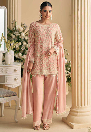 Hand Embroidered Georgette Pakistani Suit in Peach