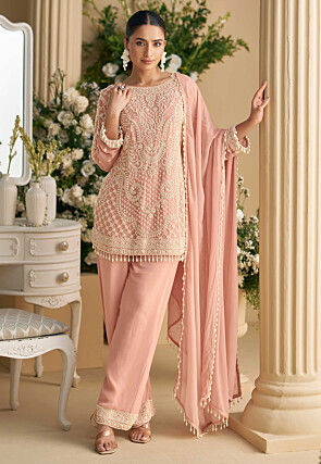 Hand Embroidered Georgette Pakistani Suit in Peach