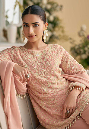 Hand Embroidered Georgette Pakistani Suit in Peach
