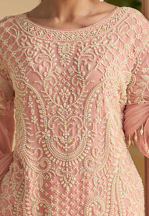 Hand Embroidered Georgette Pakistani Suit in Peach