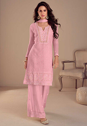 Hand Embroidered Georgette Pakistani Suit in Pink