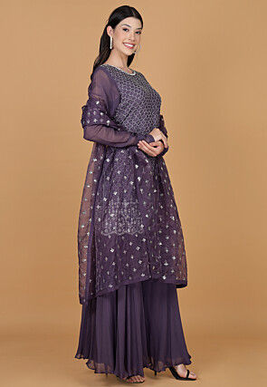 Hand Embroidered Georgette Pakistani Suit in Purple