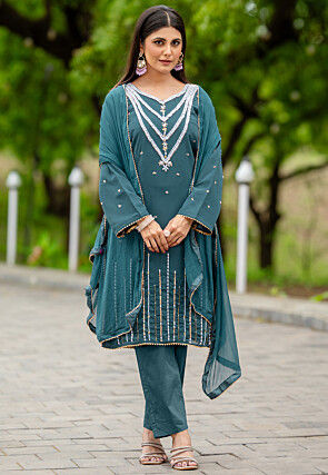 Hand Embroidered Georgette Pakistani Suit in Teal Blue