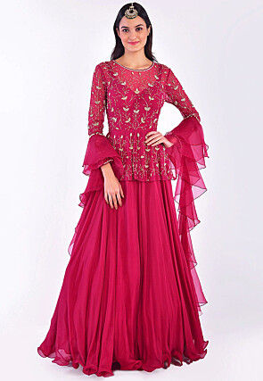Hand Embroidered Georgette Peplum Style Gown in Magenta