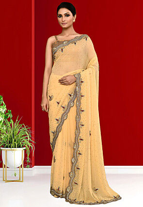 Hand Embroidered Georgette Saree in Beige