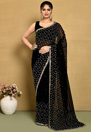 Hand Embroidered Georgette Saree in Black