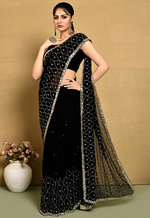Hand Embroidered Georgette Saree in Black