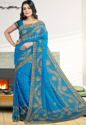Hand Embroidered Georgette Saree in Blue