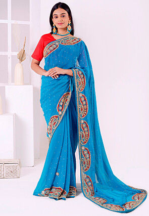 Hand Embroidered Georgette Saree in Blue