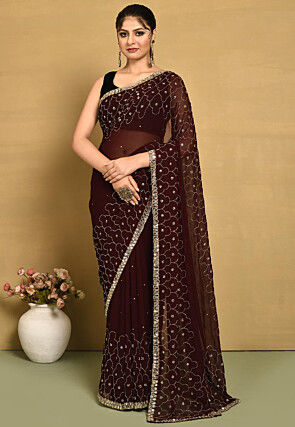 Hand Embroidered Georgette Saree in Brown