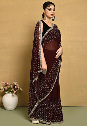 Hand Embroidered Georgette Saree in Brown