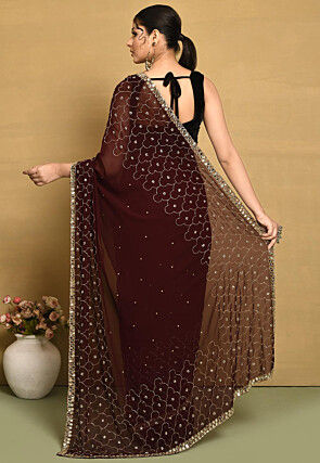 Hand Embroidered Georgette Saree in Brown