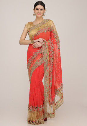 Hand Embroidered Georgette Saree in Coral Red